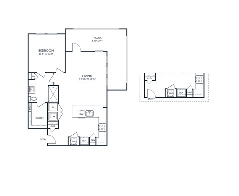 Floor plan for 1 bed, 1 bath, 831 sqft
